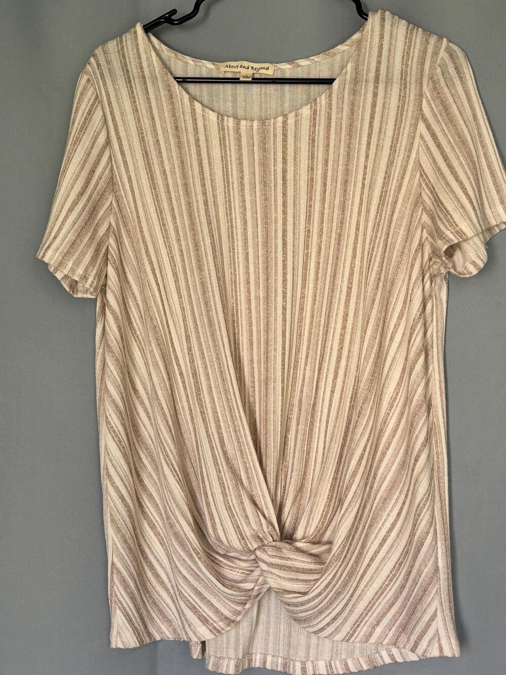 Above And Beyond Blouse White Pink Striped Gathered Hem Shirt Top L